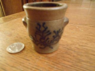 Miniature Stoneware Salt Glazed Handled Crock W/ Cobalt Decoration 3680