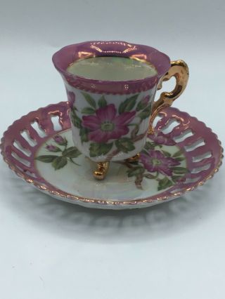 Vintage 3 Footed Teacup And Reticulated Saucer Lusterware Dogwood Flower Japan