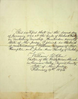 Antique 1864 Marriage Certificate Hand Written German Valley Morris County Nj