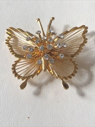 Vintage Monet Gold Tone Filigree Clear Rhinestones Butterfly Pin Brooch
