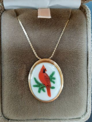 Vintage Lenox Cardinal Bird Necklace Pin With Jewelry Box