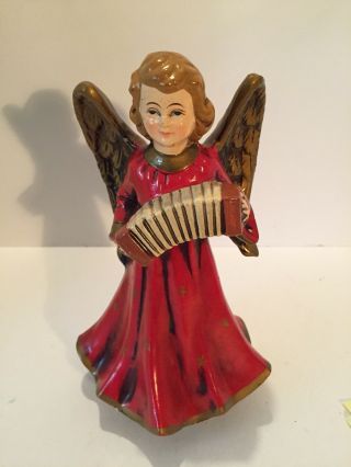 Vtg Christmas Rotating Angel In Red Dress W/accordian Playing Silent Night