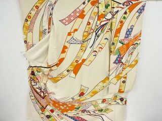 99062 Japanese Kimono / Antique Furisode / Embroidery / Screen With Flower Bird