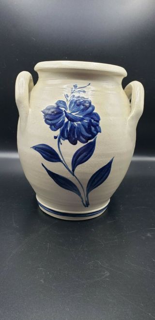 Williamsburg Pottery Salt Glaze Vase Blue Flower Stoneware With Handles 6.  75 "
