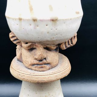 Studio Art Pottery Candle Holder Planter Face Detail Soft White Signed Wilde 2