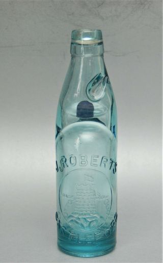 Antique J Roberts Castleford Bottle Embossed Codds Patent Marble Aqua Blue