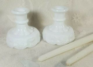 Vintage Set 2 Westmoreland White Milk Glass Candle Stick Holders Grape Design