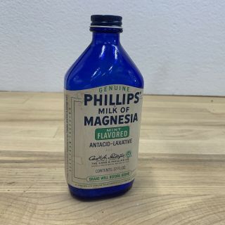 Vintage Blue Bottle Phillips Milk Of Magnesia Flavored W/ Label & Lid Cap
