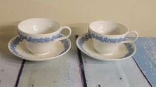 2 Vintage Wedgwood Queensware Cups/saucers - White With Blue Grape Motiff
