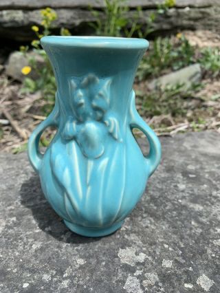 Vintage Shawnee Usa Pottery Double Handle 5 " Turquoise Iris Bud Vase