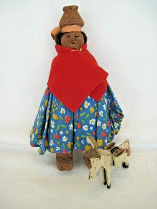 Vintage South American Carved Wooden Doll Mama & Babe & Burro Hand Made