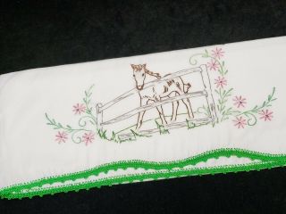Vintage Single Pillowcase Hand Embroidered Horse Pony Green Crocheted Lace