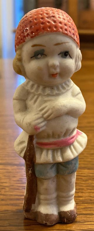 Antique Porcelain Bisque Small Doll 3 1/2” Japan Little Girl Bloomers Cap 1920s