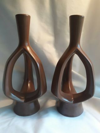 Vintage Mid Century Modern Roselane Ca Pottery Candle Holders Brown