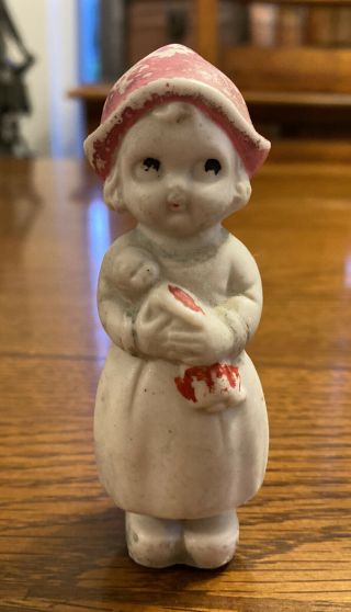 Antique Porcelain Bisque Small Doll 3 1/2” Japan Little Girl Pink Hat Toy 1920s