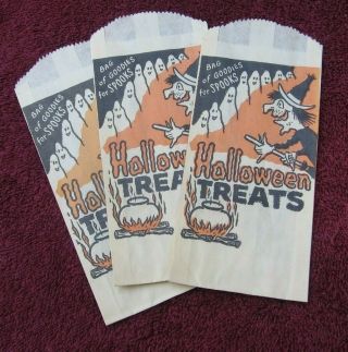 3 Vintage Paper Halloween Trick Or Treat Bags " Goodies For Spooks " Stock Z