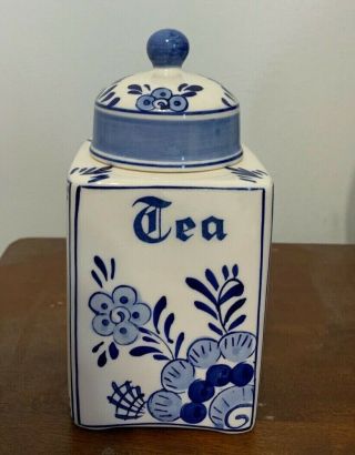 Vintage Blue Delft Holland Hand - Painted Porcelain Flower Tea Canister Dalc 6 "
