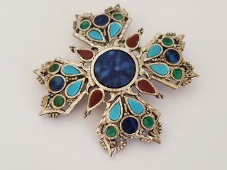 Vintage Signed Art Silver Plated Blue Green Red Lucite Maltese Cross Brooch Pin