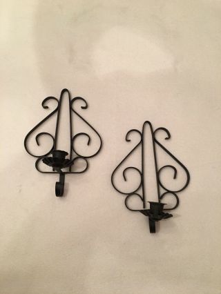 Vintage Set Of 2 Black Wrought Iron Candle Holder Wall Sconces