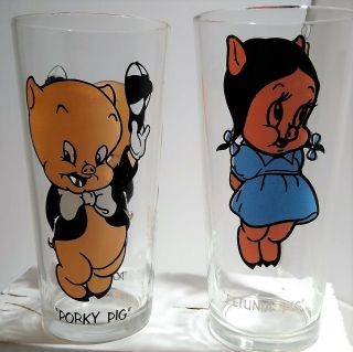 Vintage Pepsi Collector Series Glasses Pair 1973 Porky Pig And Petunia Pig Euc