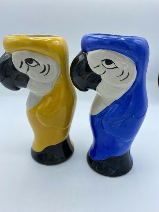 Set Of 2 Vintage Ceramic Tropical Bird Parrot Macaw 8 " Vase In Yellow And Blue
