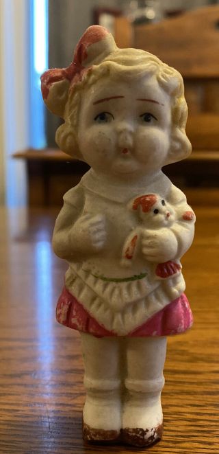 Antique Porcelain Bisque Small Doll 3 1/2” Japan Little Girl Bow Dress Toy 1920s