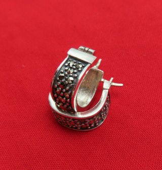 Vintage Sterling Silver Pierced Earrings Marcasite Hoops Art Deco Jewelry 988r