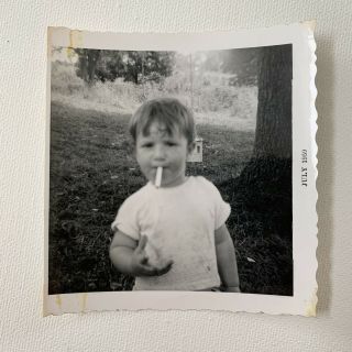 Vintage B&w Snapshot Photo Funny Little Baby Boy With Cigarette 1950s