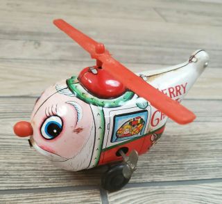 Vintage Tin Helicopter Toy Merry Christmas Seasons Greetings Wind Up Japan