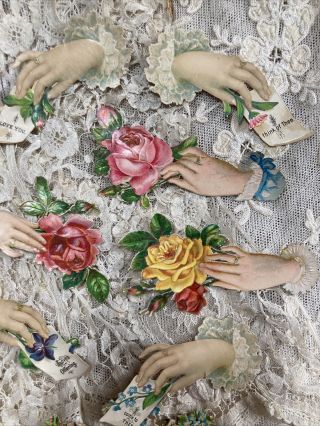 Nine Antique Valentine Hand Holding Flowers Embossed Chromo Victorian Scraps