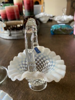 Vintage Fenton Glass Crystal Opalescent Hobnail 4 - 1/2 " Handled Ruffled Basket