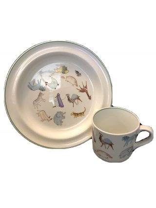 Vintage Arabia Finland Parade Of Animals 2 Pc Plate Cup Childs Dish Set