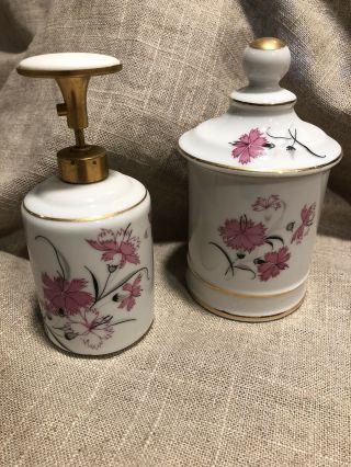 Antique Devilbiss Porcelain Perfume Atomizer And Vanity Jar Set Gold Pink Flower