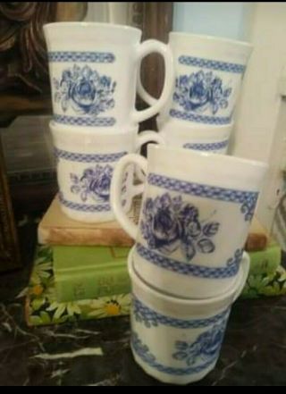 Arcopal Honorine Set Of 6 Mugs,  Blue White Floral Scalloped France