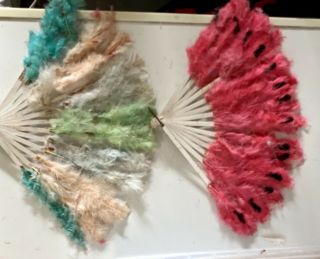 Deco Antique Pink Green Blue Feather Hand Fans 1920s 141