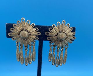 Signed Monet Vintage Gold Tone Dangle Flower Clip Earrings Stunning