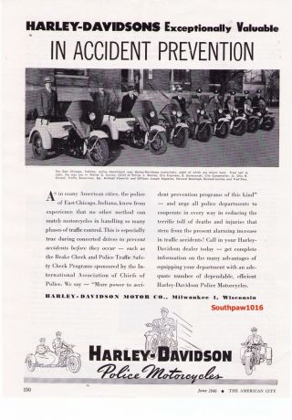 1946 Vintage Harley Davidson Police Motorcycles " East Chicago,  Indiana " Print Ad