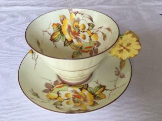 Art Deco Star Paragon Yellow Flower Handle Tea Cup & Saucer Gloire - De - Dijon