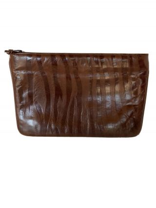 Vintage Buttery Soft Brown Leather Clutch Zebra Print 12”x8”