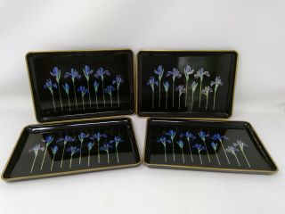 Vintage Set Of 4 Otagiri Blue Iris Laquerware 8 1/4 " X 5 3/4 " Trays