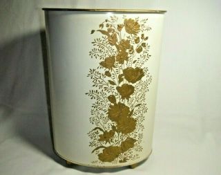 Vtg Ransburg Mid - Century Footed Metal Trash Can Waste Basket W Gold Flowers