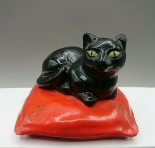 Antique Black Cat On Red Pillow,  Ceramic Pottery Chalkware Halloween Theme