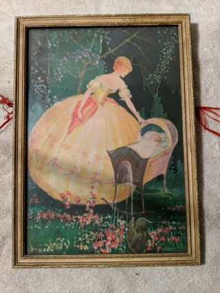 Antique Vintage Framed Art Print " Baby With Fairy Godmother " 6.  5 " X 9.  75 "