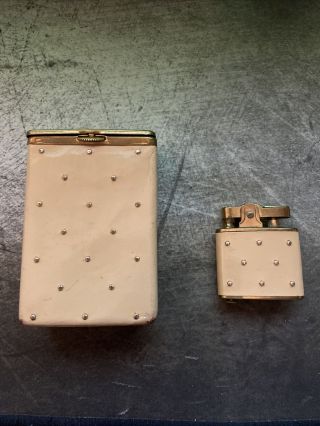 Vintage Princess Gardner Leather Cigarette Case And Lighter Cream Studded