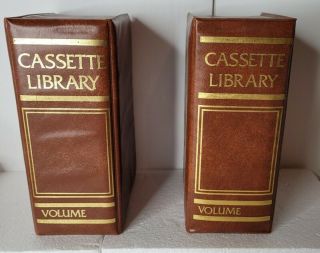 2 Vintage Cassette Audio Tape Library Book Style Case Holder Brown Gold Writing
