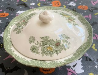 Vintage Enoch Wedgwood Kent Green Transferware Round Covered Casserole W Chips