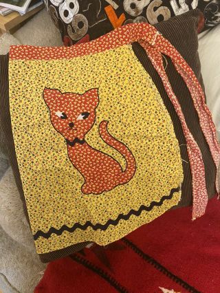 Vintage Handmade Kitchen Apron With Pocket And Cat - Small Adult Or Child