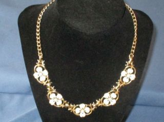 Vintage Gold - Tone Metal White Lucite Blue Cabochon Flower Necklace