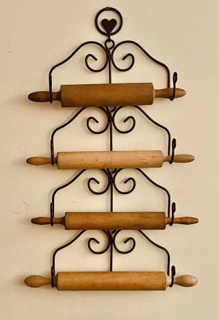4 Vintage Rustic Wood Rolling Pins With Wrought Iron Display Rack