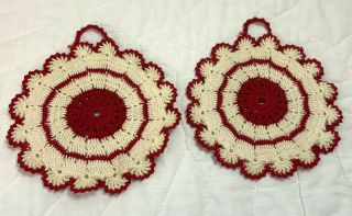 Two Vintage Hand Crocheted Pot Holders,  Flower Design,  Cotton,  Red & Ivory
